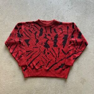Vintage 90s Palermo Geometric Sweater Women's Medium Red Black Pullover Grandpa